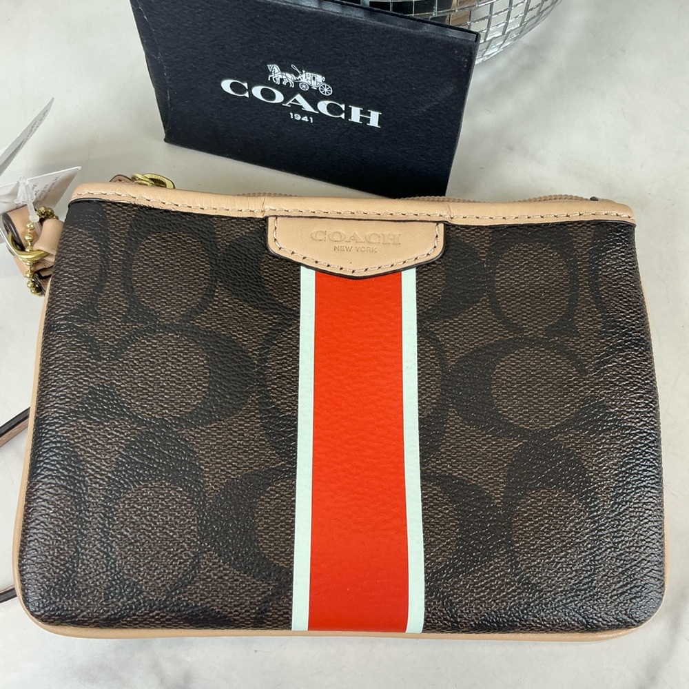 New Coach Signature Brown Vermillion Wristlet Bag with Red White Stripe‎ - Picture 6 of 10